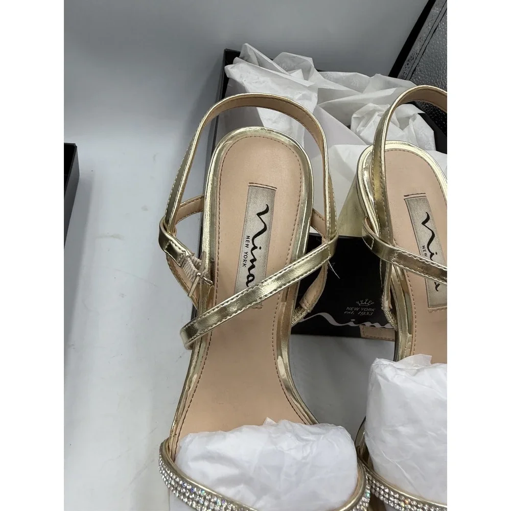 New With Box Nina Gold Strappy Sandals with Rhinestone Accents Size 7.5 M